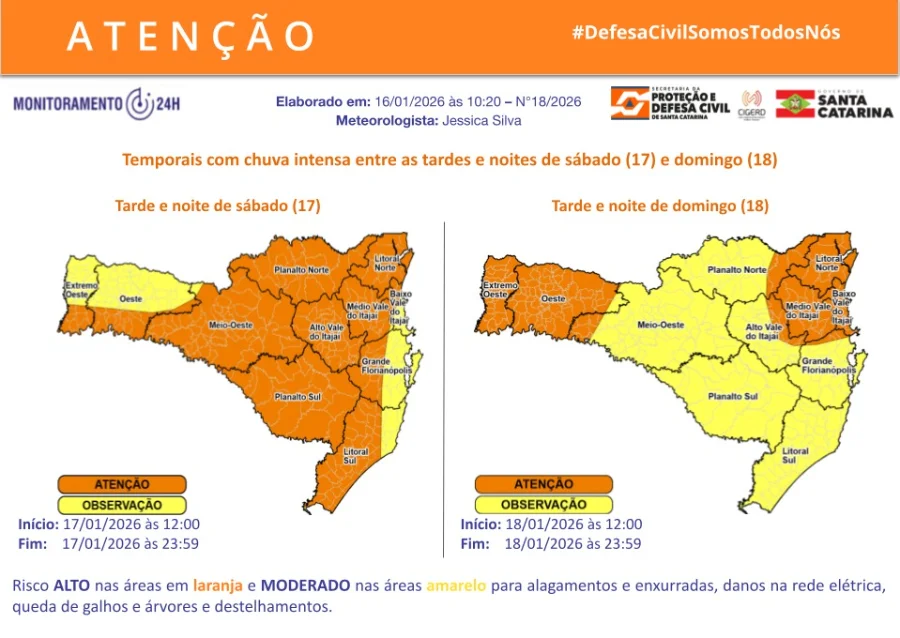 Mapas de alerta da Defesa Civil de Santa Catarina indicando as áreas com risco alto (laranja) e moderado (amarelo) para temporais e chuva intensa no estado durante as tardes e noites de sábado (17) e domingo (18) de janeiro de 2026.