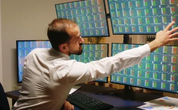 Ibovespa bate recorde histórico e supera 166 mil pontos Operador de mercado financeiro analisa gráficos em múltiplos monitores durante pregão com recorde do Ibovespa e alta do dólar.