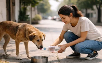 SC sanciona leis de proteção animal e cães comunitários A imagem apresenta uma mulher jovem agachada em uma calçada urbana, vertendo água de uma garrafa para uma tigela de metal destinada a um cão de porte médio e pelagem marrom. A cena ilustra o conceito de animal comunitário, foco da Lei 19.726/2026, que reconhece o vínculo de cuidado e proteção entre cidadãos e animais em situação de rua em Santa Catarina.