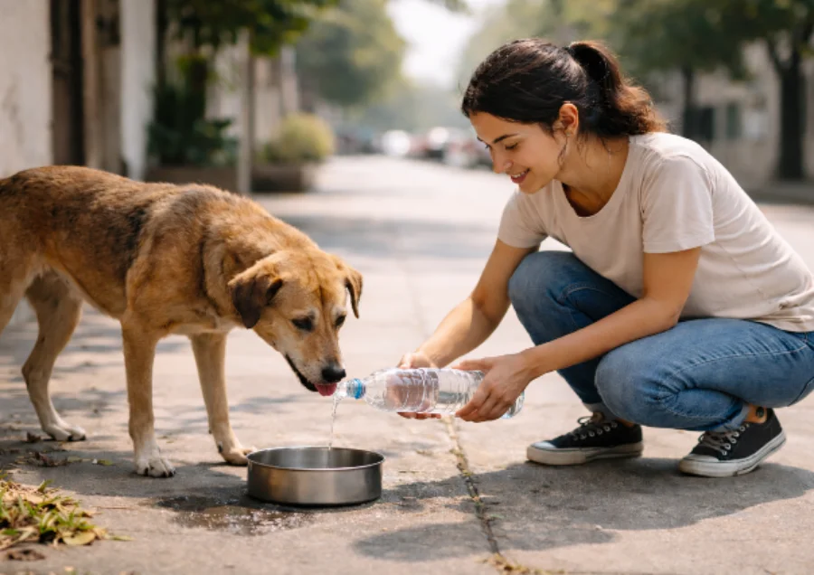 A imagem apresenta uma mulher jovem agachada em uma calçada urbana, vertendo água de uma garrafa para uma tigela de metal destinada a um cão de porte médio e pelagem marrom. A cena ilustra o conceito de animal comunitário, foco da Lei 19.726/2026, que reconhece o vínculo de cuidado e proteção entre cidadãos e animais em situação de rua em Santa Catarina.