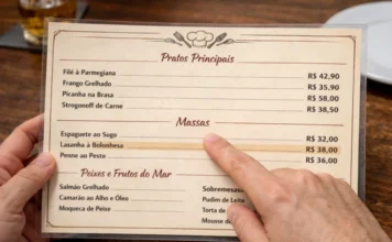 SC sanciona novas leis de saúde e inclusão social Mãos seguram um cardápio físico, com o dedo indicador apontando para o item "Lasanha à Bolonhesa". A imagem ilustra a nova Lei nº 19.688/2026 de Santa Catarina, que obriga estabelecimentos a disponibilizarem o menu em papel para garantir acessibilidade a todos os clientes.