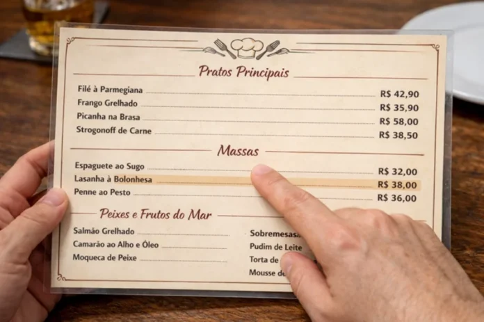 SC sanciona novas leis de saúde e inclusão social Mãos seguram um cardápio físico, com o dedo indicador apontando para o item "Lasanha à Bolonhesa". A imagem ilustra a nova Lei nº 19.688/2026 de Santa Catarina, que obriga estabelecimentos a disponibilizarem o menu em papel para garantir acessibilidade a todos os clientes.