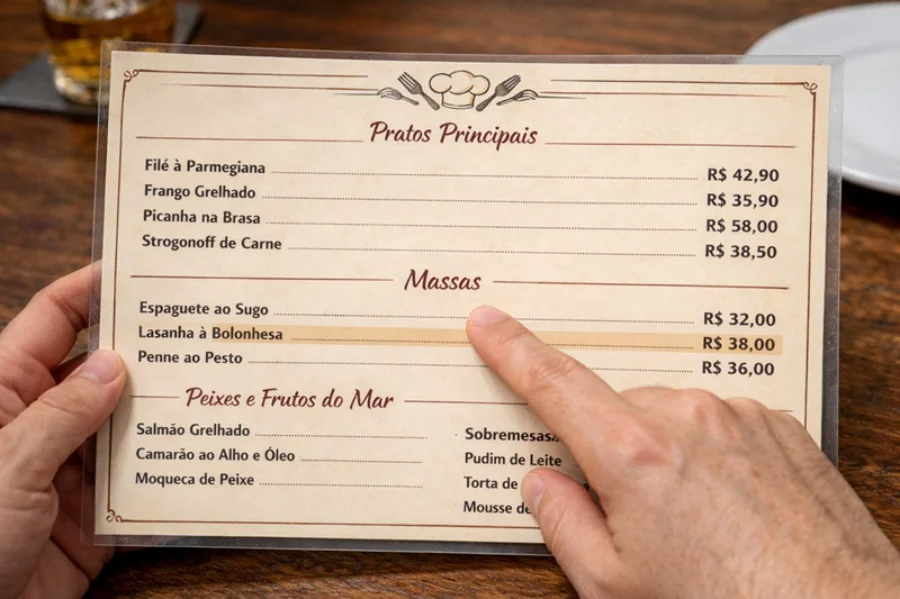 Mãos seguram um cardápio físico, com o dedo indicador apontando para o item 