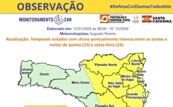 SC tem alerta de temporais para quinta e sexta-feira Mapa de alerta da Defesa Civil de Santa Catarina indicando risco moderado para temporais isolados e chuva intensa, abrangendo do Meio-Oeste ao Litoral, entre quinta (15) e sexta-feira (16) de janeiro de 2026.