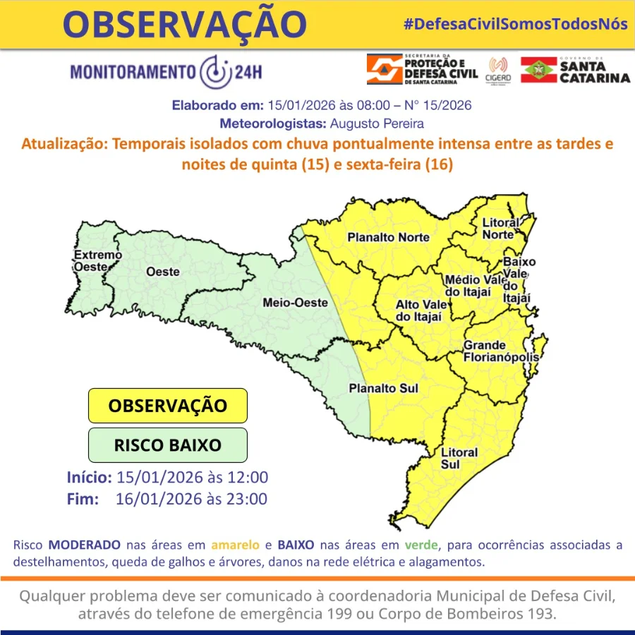 Mapa de alerta da Defesa Civil de Santa Catarina indicando risco moderado para temporais isolados e chuva intensa, abrangendo do Meio-Oeste ao Litoral, entre quinta (15) e sexta-feira (16) de janeiro de 2026.