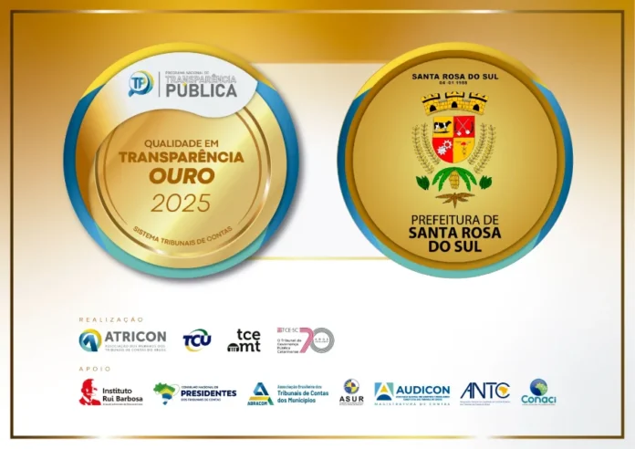 Santa Rosa do Sul conquista Selo Ouro em transparência Card comemorativo com fundo dourado e branco exibindo dois selos circulares: à esquerda, o selo "Qualidade em Transparência Ouro 2025" e, à direita, o brasão da Prefeitura de Santa Rosa do Sul. Abaixo, logotipos das entidades realizadoras como Atricon, TCU e TCE-SC.