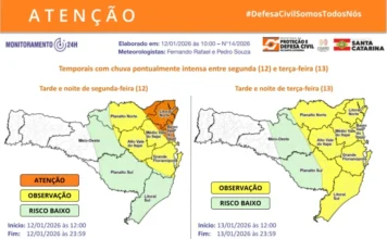 Semana começa com alerta de temporais e calor em SC Mapa de alerta meteorológico da Defesa Civil de Santa Catarina exibindo as áreas de risco para temporais com chuva intensa entre a tarde de segunda (12) e a noite de terça-feira (13). A imagem destaca em laranja (risco alto) as regiões do Litoral Norte e Vale do Itajaí no primeiro dia, e em amarelo (risco moderado) toda a faixa leste do estado para o dia seguinte, alertando para a possibilidade de alagamentos e enxurradas.
