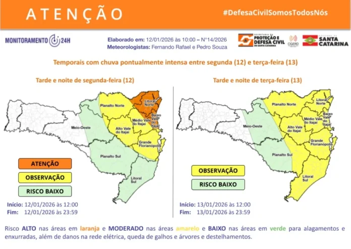 Semana começa com alerta de temporais e calor em SC Mapa de alerta meteorológico da Defesa Civil de Santa Catarina exibindo as áreas de risco para temporais com chuva intensa entre a tarde de segunda (12) e a noite de terça-feira (13). A imagem destaca em laranja (risco alto) as regiões do Litoral Norte e Vale do Itajaí no primeiro dia, e em amarelo (risco moderado) toda a faixa leste do estado para o dia seguinte, alertando para a possibilidade de alagamentos e enxurradas.