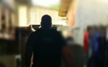 Suspeito de roubo a idoso em Criciúma é preso no Sul Imagem desfocada mostra as costas de um policial civil, vestindo camiseta preta com inscrições brancas, em um ambiente interno durante uma operação.