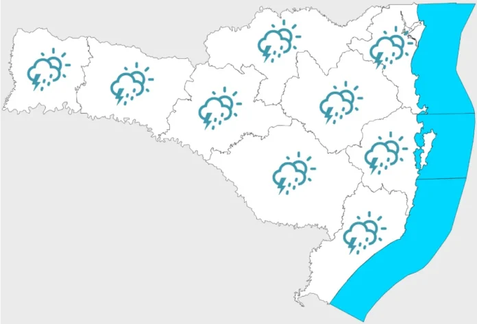 Terça em SC tem calor e risco de temporal, diz Defesa Civil Mapa meteorológico de Santa Catarina ilustrando a previsão de sol intercalado com pancadas de chuva e trovoadas em todas as regiões do estado nesta terça-feira.