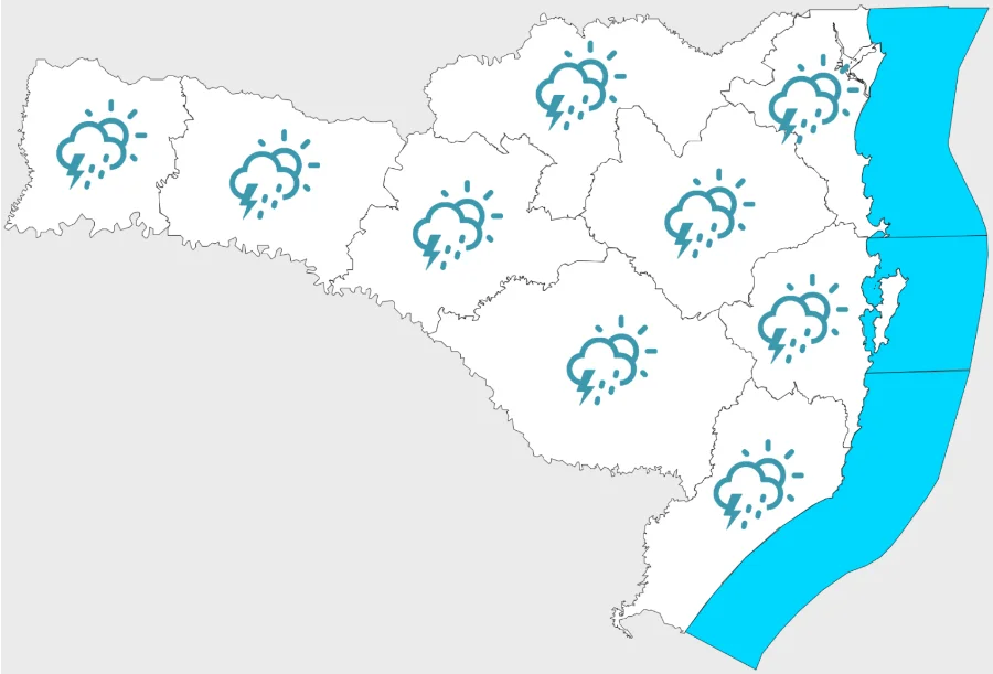Terça em SC tem calor e risco de temporal, diz Defesa Civil Mapa meteorológico de Santa Catarina ilustrando a previsão de sol intercalado com pancadas de chuva e trovoadas em todas as regiões do estado nesta terça-feira.