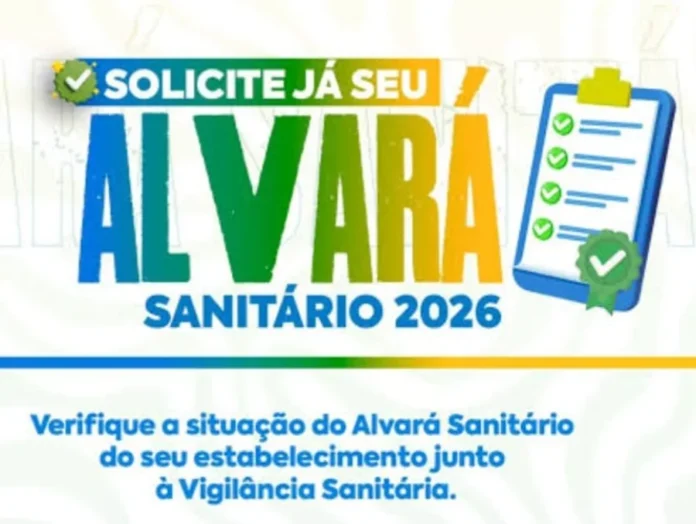 Timbé do Sul alerta sobre emissão de Alvará Sanitário Banner de divulgação da campanha para solicitação do Alvará Sanitário de 2026 em Timbé do Sul. O texto principal em destaque, nas cores azul, verde e amarelo, diz "SOLICITE JÁ SEU ALVARÁ SANITÁRIO 2026". Ao lado, há uma ilustração de uma prancheta com uma lista de verificação marcada e um selo de aprovação verde. Na parte inferior, o texto orienta: "Verifique a situação do Alvará Sanitário do seu estabelecimento junto à Vigilância Sanitária".