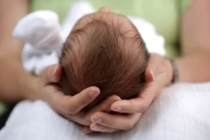 Zika risco de internação por epilepsia é 34 vezes maior Mãos de adulto segurando com cuidado a cabeça de um recém-nascido de cabelos escuros, ilustrando a vulnerabilidade e a necessidade de atenção neurológica em bebês, tema central do estudo da Fiocruz sobre a Síndrome Congênita do Zika e o risco de epilepsia.