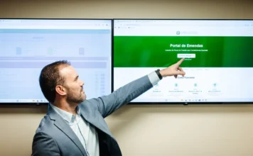 Alesc lança Portal de Emendas para agilizar recursos Homem em traje formal aponta para um grande monitor que exibe a interface inicial do Portal de Emendas da Assembleia Legislativa de Santa Catarina. A tela, em tons de verde e branco, destaca as etapas de cadastro e envio de planos de trabalho, simbolizando a digitalização e a transparência no processo de repasse de recursos aos municípios.