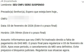 Araranguá alerta MEIs sobre golpe de cancelamento de CNPJ Captura de tela de uma mensagem fraudulenta enviada por aplicativo, com o título "Lembrete: SEU CNPJ SERÁ SUSPENSO". O texto utiliza tons de urgência, mencionando o prazo de 3 de fevereiro de 2026 para a regularização de débitos do DAS-MEI e apresentando um link externo suspeito para induzir o usuário ao clique.