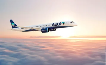 Azul conclui reestruturação financeira nos Estados Unidos Aeronave da Azul Linhas Aéreas voando acima de uma camada de nuvens durante o pôr do sol, com o céu em tons de laranja e rosa, simbolizando a estabilidade e a continuidade das operações da companhia após a conclusão de sua reestruturação financeira.