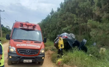 Carro capota após colisão na Zona Norte do Rincão Registro do atendimento de ocorrência de trânsito no Balneário Rincão, mostrando um Volkswagen Voyage capotado à margem da via e a unidade de emergência dos bombeiros posicionada para o socorro.