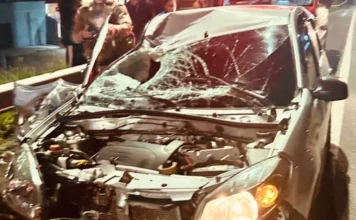 Ciclista morre em colisão com carro na BR-101 em Sombrio Fotografia noturna detalha a parte frontal de um carro prata severamente danificado após colisão na BR-101, em Sombrio. O capô está retorcido, expondo o motor, e o para-brisa apresenta um grande ponto de impacto com vidros estilhaçados. Ao fundo, é possível observar vultos de profissionais de resgate atuando na ocorrência.