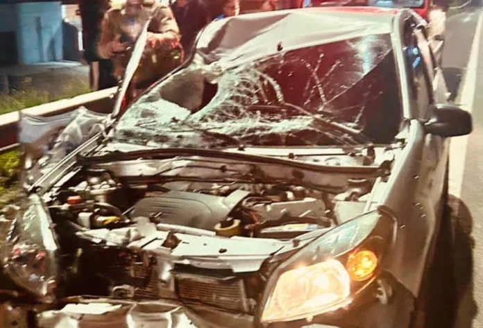 Ciclista morre em colisão com carro na BR-101 em Sombrio Fotografia noturna detalha a parte frontal de um carro prata severamente danificado após colisão na BR-101, em Sombrio. O capô está retorcido, expondo o motor, e o para-brisa apresenta um grande ponto de impacto com vidros estilhaçados. Ao fundo, é possível observar vultos de profissionais de resgate atuando na ocorrência.