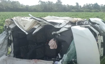 Colisão em Içara envolve caminhão e três carros Destroços do veículo Fiat Mobi branco após o acidente em Içara, capotado em meio à vegetação. O teto do carro foi completamente removido pelas equipes de resgate do Corpo de Bombeiros para a extração das vítimas que estavam presas às ferragens.