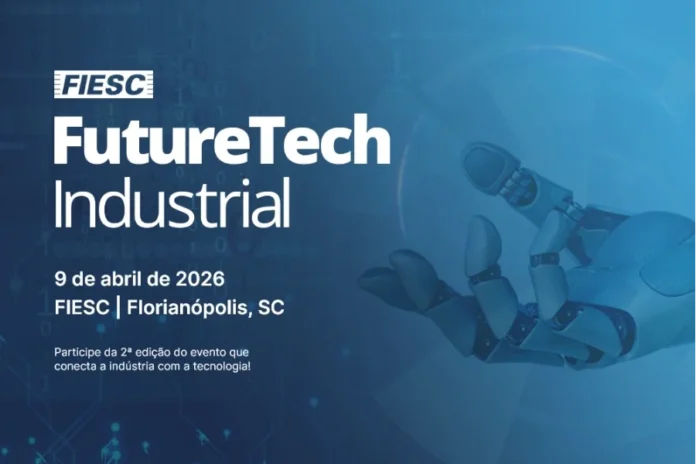 Evento em SC conecta indústrias e setor de tecnologia Peça gráfica em tons de azul com a logomarca da FIESC e o título "FutureTech Industrial". O texto informa a data de 9 de abril de 2026 e o local, a sede da FIESC em Florianópolis. Ao fundo, uma ilustração de uma mão robótica e elementos de circuitos digitais reforçam o tema de tecnologia e inovação industrial.