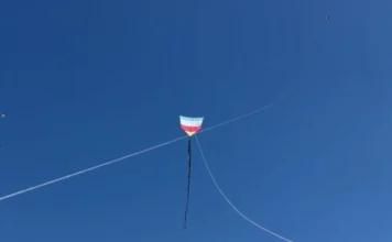 Festival de Pipas reúne famílias no Morro dos Conventos Uma pipa colorida nas cores azul, branco, vermelho e amarelo voa solitária contra um céu de azul intenso e sem nuvens. A pipa possui uma longa cauda preta que balança ao vento, e linhas brancas de sustentação atravessam a imagem em diagonal, capturando um momento de lazer durante o Festival de Pipas no Morro dos Conventos, em Araranguá.