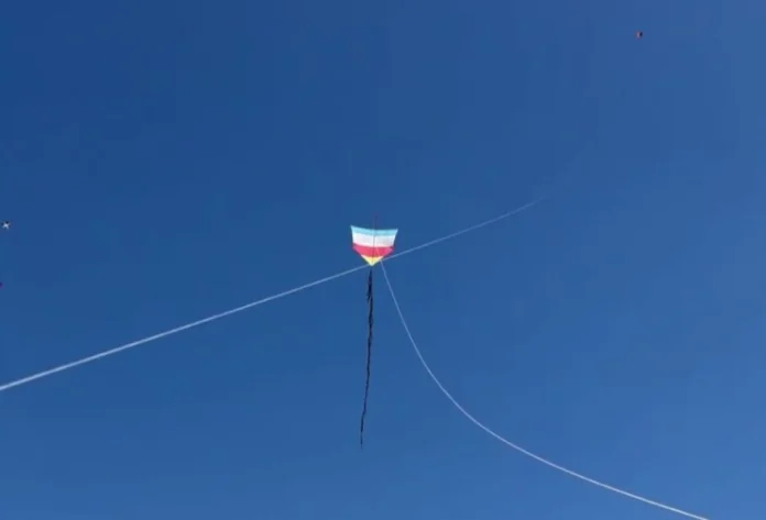 Festival de Pipas reúne famílias no Morro dos Conventos Uma pipa colorida nas cores azul, branco, vermelho e amarelo voa solitária contra um céu de azul intenso e sem nuvens. A pipa possui uma longa cauda preta que balança ao vento, e linhas brancas de sustentação atravessam a imagem em diagonal, capturando um momento de lazer durante o Festival de Pipas no Morro dos Conventos, em Araranguá.