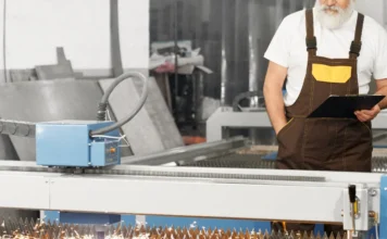 Indústria de SC cresce 3,2% em 2025 e supera média nacional Operador industrial de barba branca, usando macacão, observa máquina de corte a laser CNC em funcionamento em uma chapa de metal, com faíscas sendo geradas. A cena representa o setor de produtos de metal e usinagem, um dos destaques do crescimento da produção industrial em Santa Catarina em 2025.