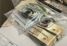 PF desarticula esquema de contrabando de bebidas no Sul Dois envelopes plásticos transparentes, lacrados com o selo oficial da Polícia Federal, contendo grandes maços de dinheiro em espécie. No envelope à esquerda, é possível ver notas de 100 dólares americanos; no da direita, pilhas de notas de 50 reais brasileiros. O material faz parte das apreensões da Operação Carga Dividida, que investiga contrabando e lavagem de dinheiro.