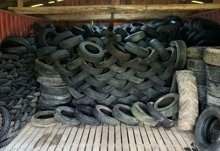 Grande acúmulo de pneus inservíveis e sujos, de diversos tamanhos, empilhados desordenadamente dentro de um galpão com estrutura de madeira e metal. A imagem ilustra o tipo de material que deve ser recolhido durante a campanha para evitar o acúmulo de água e a proliferação do mosquito da dengue.