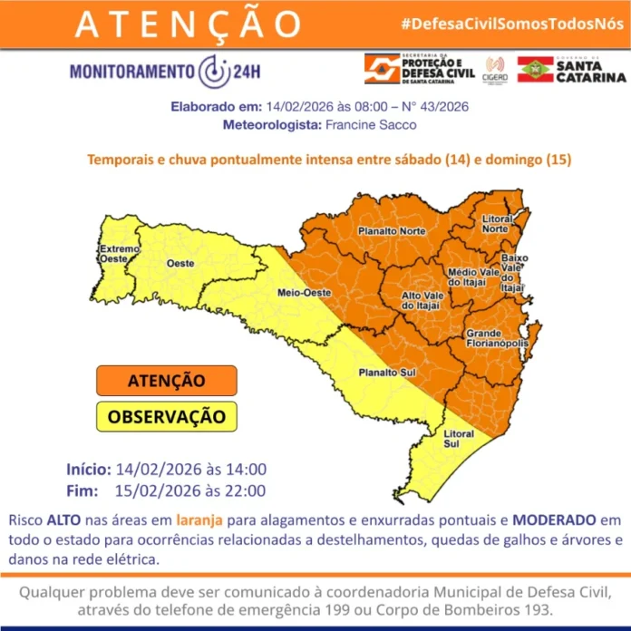 SC entra em alerta para temporais e chuva intensa no domingo Infográfico de alerta meteorológico da Defesa Civil de SC. O texto destaca o início do alerta para as 14h de sábado e término às 22h de domingo. O mapa aponta risco alto para enxurradas nas áreas em laranja e risco moderado para destelhamentos e queda de árvores em todo o estado.