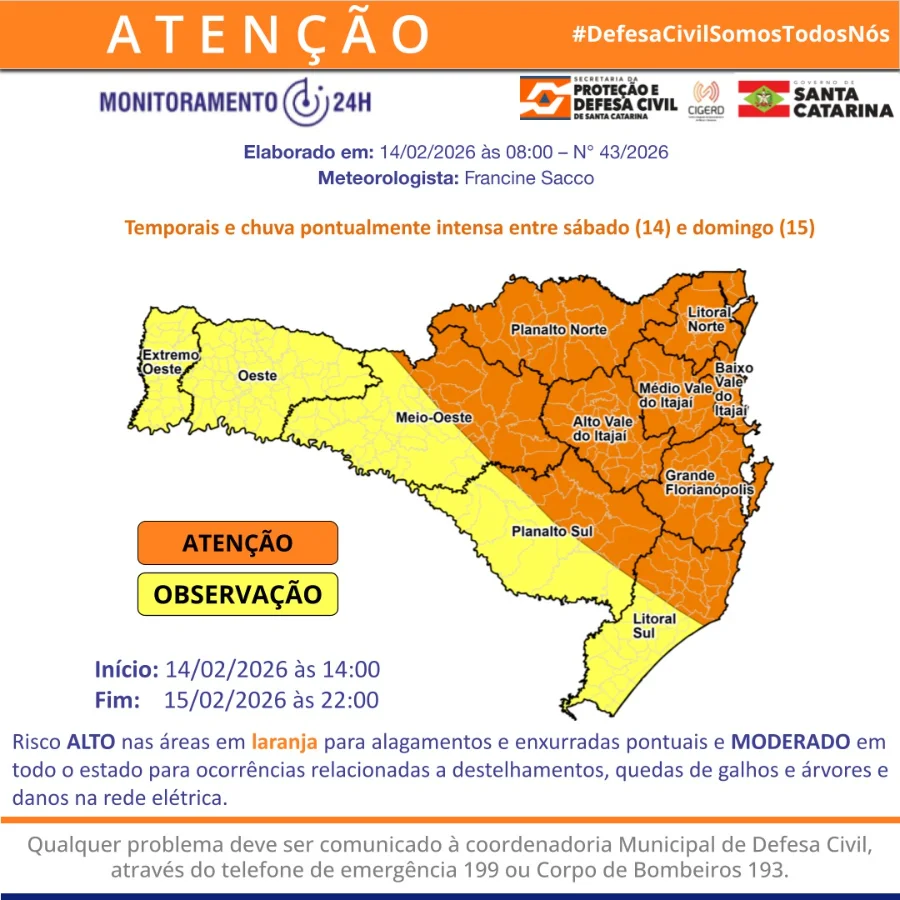 Infográfico de alerta meteorológico da Defesa Civil de SC. O texto destaca o início do alerta para as 14h de sábado e término às 22h de domingo. O mapa aponta risco alto para enxurradas nas áreas em laranja e risco moderado para destelhamentos e queda de árvores em todo o estado.