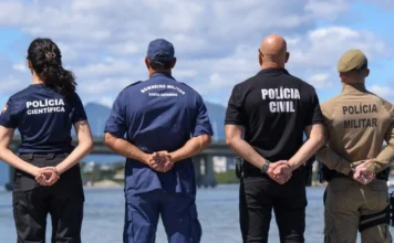 SC inicia 2026 como o estado mais seguro do Brasil Foto tirada pelas costas mostra quatro agentes de segurança pública de Santa Catarina em pé, lado a lado, olhando para uma paisagem de água e pontes. Da esquerda para a direita, uma mulher da Polícia Científica, um homem do Corpo de Bombeiros Militar, um homem da Polícia Civil e um homem da Polícia Militar. A imagem representa a integração das forças policiais que contribui para que o estado seja o mais seguro do Brasil.
