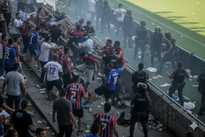 SC sanciona leis contra racismo e violência nos estádios Cena de confusão generalizada nas arquibancadas de um estádio de futebol, mostrando um confronto entre dezenas de torcedores e a intervenção de policiais militares com equipamentos de tropa de choque. Há fumaça visível no ar, ilustrando o tipo de violência que a nova legislação de Santa Catarina busca combater com multas individuais.