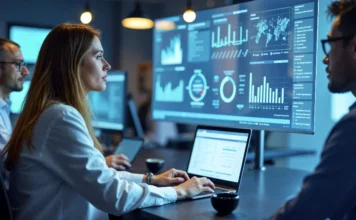 SENAI/SC oferece palestras gratuitas sobre tecnologia Três profissionais de tecnologia — dois homens e uma mulher — trabalham em um escritório moderno e iluminado. No centro, uma mulher observa atentamente uma grande tela digital que exibe diversos dashboards, gráficos de barras e mapas globais de dados. A cena ilustra o ambiente de trabalho nas áreas de Análise de Dados e Inteligência Artificial, temas centrais do programa SCTEC do SENAI/SC.