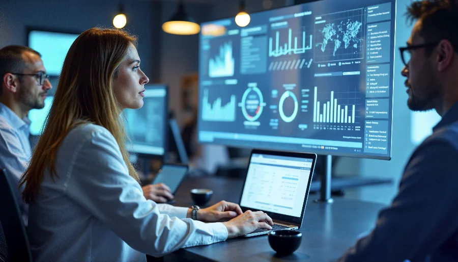 SENAI SC oferece palestras gratuitas sobre tecnologia Três profissionais de tecnologia — dois homens e uma mulher — trabalham em um escritório moderno e iluminado. No centro, uma mulher observa atentamente uma grande tela digital que exibe diversos dashboards, gráficos de barras e mapas globais de dados. A cena ilustra o ambiente de trabalho nas áreas de Análise de Dados e Inteligência Artificial, temas centrais do programa SCTEC do SENAI/SC.
