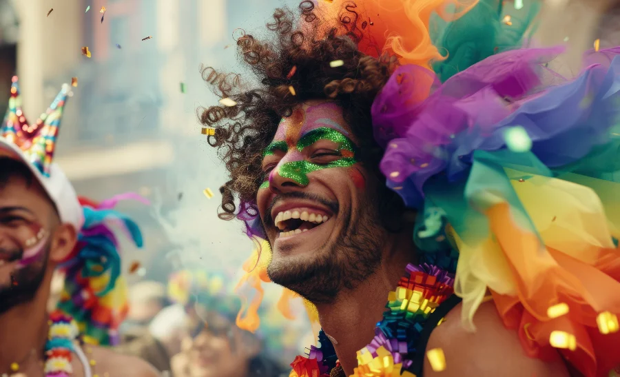 Folião com cabelo cacheado e pintura facial verde com glitter, usando uma gola de tule nas cores do arco-íris, sorri de olhos fechados durante uma festa de rua. Confetes caem ao seu redor, ilustrando o clima de alegria e interação do Carnaval em Santa Catarina. A imagem serve de pano de fundo para as orientações da SES sobre a importância de conciliar a diversão com medidas de prevenção à saúde contra doenças como a mononucleose e ISTs.