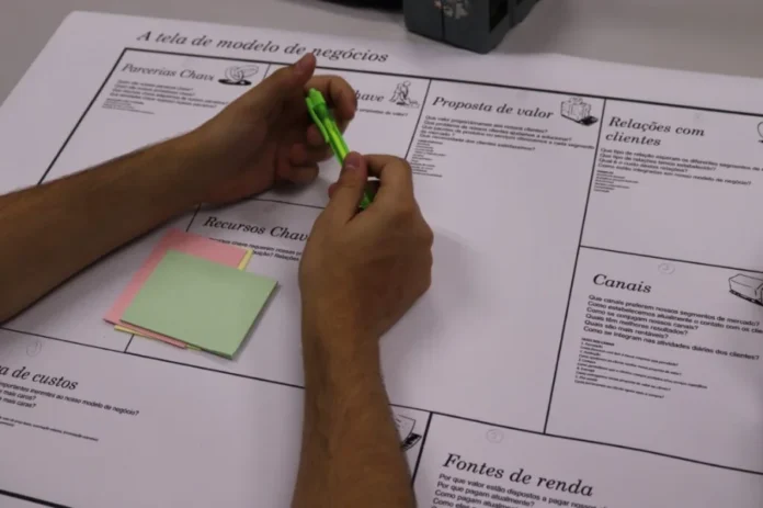 Unesc abre inscrições para consultoria gratuita a empresas Fotografia em close foca nas mãos de um acadêmico segurando uma caneta verde sobre um cartaz de "Tela de modelo de negócios" (Business Model Canvas). Sobre o papel, há blocos de notas adesivas nas cores rosa e verde. A imagem ilustra o processo de análise estratégica e diagnóstico empresarial realizado durante o programa Plano 60 Dias.