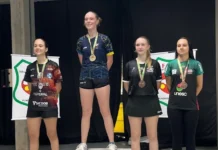 Criciúma conquista 16 medalhas no tênis de mesa estadual Quatro jovens atletas do sexo feminino de pé em um pódio de premiação em um ambiente interno. Elas estão organizadas da esquerda para a direita em níveis de segundo, primeiro e dois de terceiro lugar. Cada atleta usa uma medalha no pescoço e sorri para a câmera. Elas vestem uniformes de equipe diferentes e coloridos com logos de patrocinadores. Atrás delas, uma cortina preta e banners da federação esportiva são visíveis.