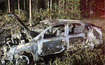 Fogo em carro atinge área de reflorestamento na Gaivota Carro totalmente carbonizado após incêndio em Balneário Gaivota, Santa Catarina. A imagem mostra o veículo destruído em uma estrada de terra ao lado de uma área de reflorestamento atingida pelo fogo durante a noite.