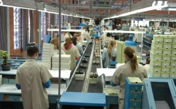 Governo adia prazo do Relatório de Transparência Salarial rabalhadores, predominantemente mulheres, operam uma linha de montagem industrial em uma fábrica de calçados, manuseando caixas de sapatos e sapatos na correia transportadora. A cena ilustra um ambiente de trabalho industrial onde a igualdade de gênero e a transparência salarial são relevantes para a legislação trabalhista.