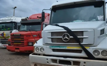 Governo ameaça suspender empresas por descumprir frete Fila de caminhões parados em rodovia brasileira durante o dia, ilustrando a logística de transporte de cargas e a mobilização de caminhoneiros contra a alta do diesel.