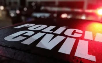 Homem é identificado após matar tamanduá em Turvo Close-up do capô molhado de um carro da Polícia Civil com a inscrição "POLÍCIA CIVIL" e "CÍVIL", sob reflexos de giroflex vermelhos e azuis em uma cena noturna, para ilustrar a atuação policial em um crime ambiental em Turvo, Santa Catarina.