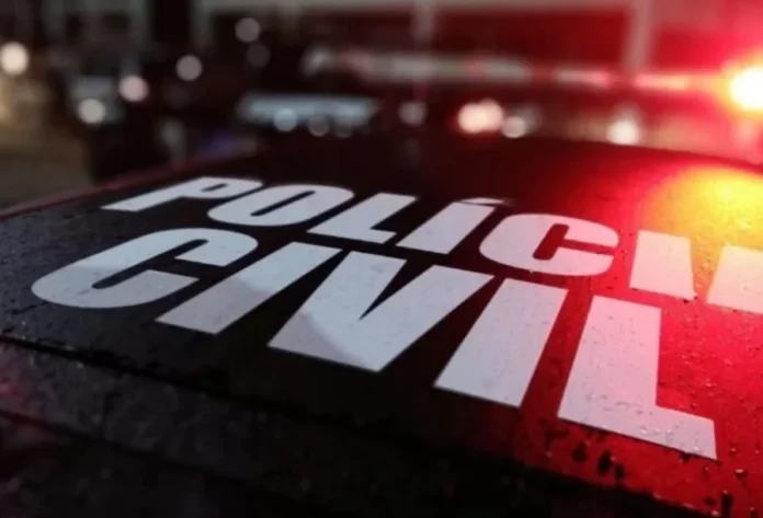 Homem é identificado após matar tamanduá em Turvo Close-up do capô molhado de um carro da Polícia Civil com a inscrição "POLÍCIA CIVIL" e "CÍVIL", sob reflexos de giroflex vermelhos e azuis em uma cena noturna, para ilustrar a atuação policial em um crime ambiental em Turvo, Santa Catarina.