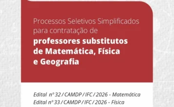 IFC Santa Rosa do Sul abre vagas para professores Banner informativo com fundo vermelho e branco sobre os processos seletivos simplificados do IFC Campus Santa Rosa do Sul para contratação de professores substitutos nas áreas de Matemática, Física e Geografia, detalhando os editais nº 32, 33 e 34 de 2026.