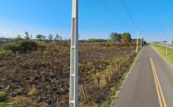 Incêndio atinge 10 hectares e deixa um ferido em Maracajá Área queimada de 10 hectares em Maracajá, SC, após incêndio em vegetação nativa. Cena mostra terra carbonizada, estrada e postes de luz sob céu azul, documentando o rastro da destruição combatida pelo Corpo de Bombeiros Militar.