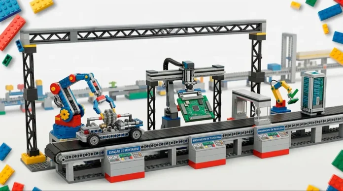 Maioria da indústria planeja investir em 2026, diz CNI Uma complexa e detalhada maquete de LEGO de uma linha de montagem industrial automatizada, apresentando múltiplos braços robóticos operando uma esteira transportadora. À esquerda, um braço robótico articulado (azul e vermelho) monta um veículo LEGO. No centro, um robô de pórtico (gantry) manipula uma placa de circuito impresso (PCB) verde. À direita, um pequeno robô amarelo opera uma ferramenta de inspeção. O modelo de LEGO inclui painéis de controle e placas de identificação com texto legível em português, incluindo 'ESTAÇÃO DE MONTAGEM' e 'INVESTIMENTO EM TECNOLOGIA', demonstrando conceitos de automação avançada e fabricação inteligente. O fundo é neutro com blocos de LEGO coloridos e flutuantes. Esta maquete educacional representa o investimento da CNI em tecnologia e inovação industrial.