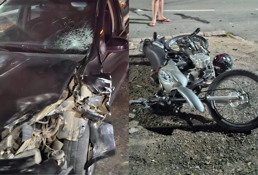 Motociclista fica ferido em acidente na Genésio Mazon Montagem de imagens de um grave acidente de trânsito noturno em Urussanga. O lado esquerdo mostra a frente de um carro preto com o para-choque destruído e o para-brisa rachado. O lado direito exibe uma motocicleta cinza e um capacete preto caídos no acostamento de cascalho na Rodovia Genésio Mazon, onde a colisão ocorreu.