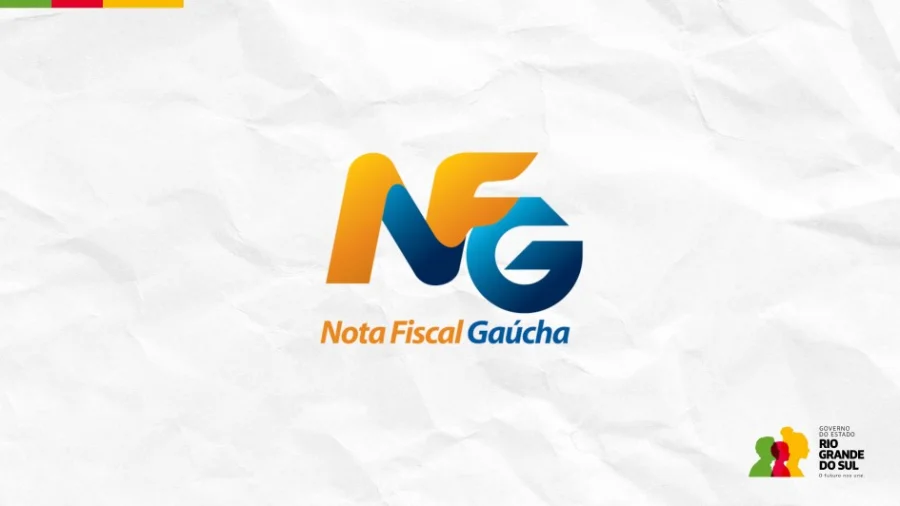 Logotipo oficial do programa Nota Fiscal Gaúcha (NFG), com as letras estilizadas em tons de amarelo, laranja e azul sobre um fundo de papel amassado branco. Inclui o texto 