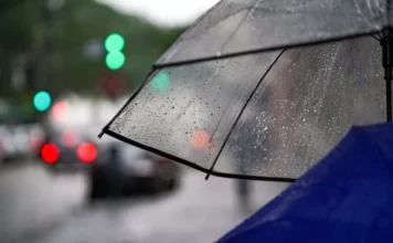 Santa Catarina terá semana de chuva e temporais isolados Uma foto de close-up foca em dois guarda-chuvas sob chuva em uma rua urbana desfocada. O guarda-chuva transparente está no primeiro plano, inclinado, com sua superfície coberta por inúmeras gotas de água cristalinas e escorrendo. Os raios e a borda preta do guarda-chuva transparente são nítidos. No canto inferior direito, a borda desfocada de um guarda-chuva azul cobalto profundo é visível. O fundo é uma cena de rua urbana altamente desfocada (bokeh), onde luzes de semáforo verdes e lanternas traseiras de carros vermelhas criam borrões coloridos e atmosféricos contra a paisagem urbana escura e úmida. A profundidade de campo é muito rasa, acentuando a sensação de chuva e isolamento.